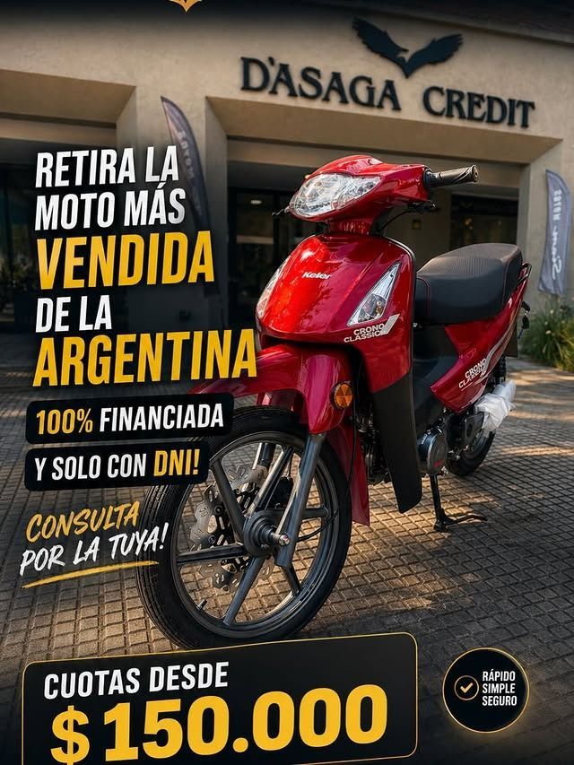 Publicidad de moto roja D’Asaga Credit, 100% financiada, desde $150.000 en cuotas