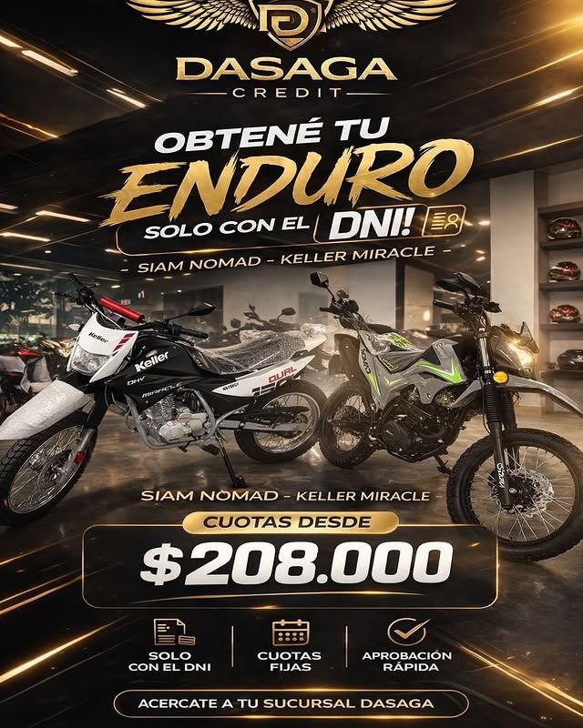 Anuncio de motocicletas DASAGA con precio de $208,000 y compra solo con DNI.