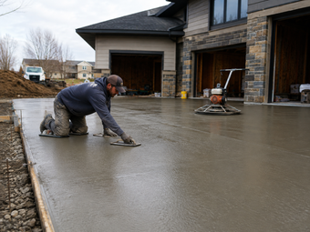 Concrete contractor finishing a driveway