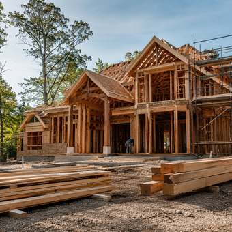 Custom home under construction with timber framing