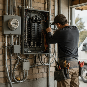 Electrician working on an electrical panel