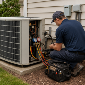 HVAC technician servicing an outdoor air conditioning unit