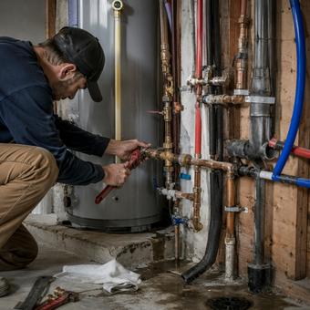 Plumber repairing pipes on a water heater