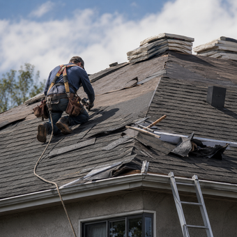 Roofing contractor installing shingles on a residential roof