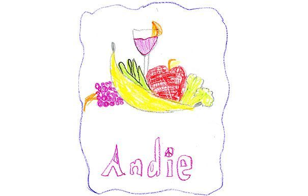 Child's drawing of fruit, vegetables, and a drink, with the name 