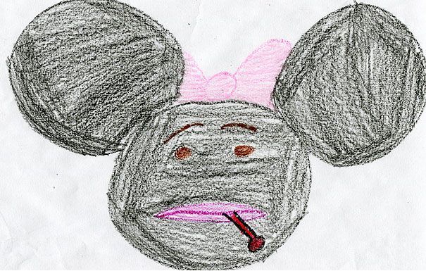 Minnie Mouse with grey head and ears, pink bow, brown eyes, and a pink mouth with a thermometer.