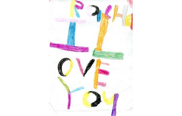 Colorful crayon drawing that says 