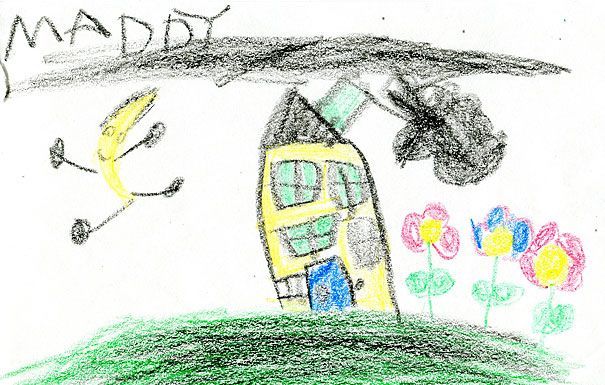 Child's drawing: Yellow house with blue door and crooked windows, flowers, green grass, a yellow shape with legs, and a dark cloud.