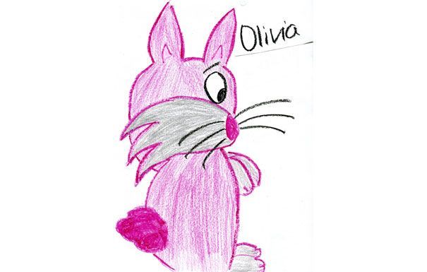 Pink rabbit named Olivia, drawn with pink and gray crayon.