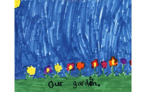 Child's drawing: Colorful tulips in a green field under a blue sky with a yellow sun. Text reads 
