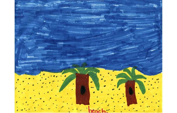 Palm trees on a yellow beach under a dark blue sky.