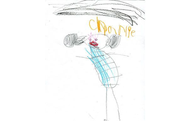 Child's drawing of a cartoon character with large ears lifting weights. The character has a grid-like body and a pink flower on its head.