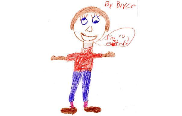 Child's drawing of a person with outstretched arms, red shirt, blue pants, and a speech bubble saying 