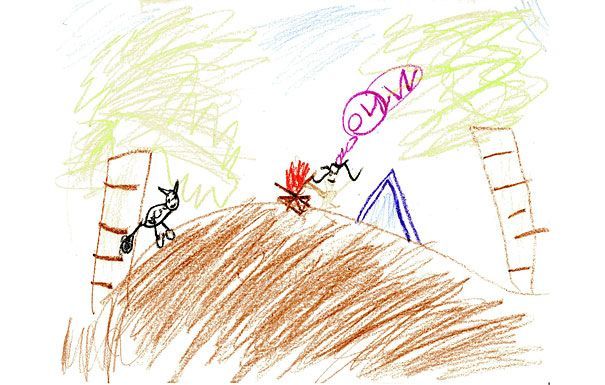 Campfire scene with stick figures, a tent, and two figures climbing trees.