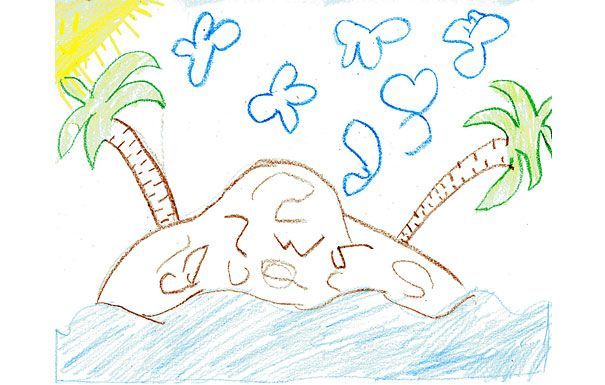 Island scene with palm trees, sun, clouds, and ocean.