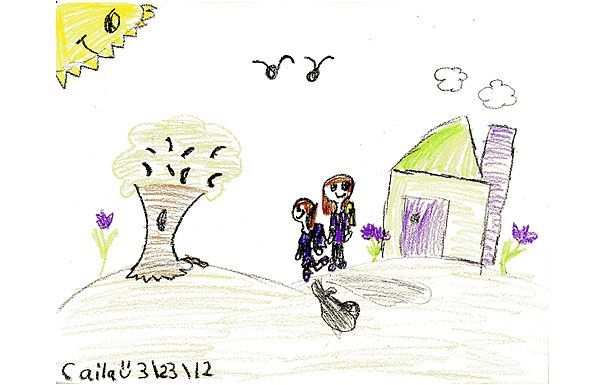 Two figures walk towards a house, tree, and smiling sun; drawing with purple, green, and brown hues.