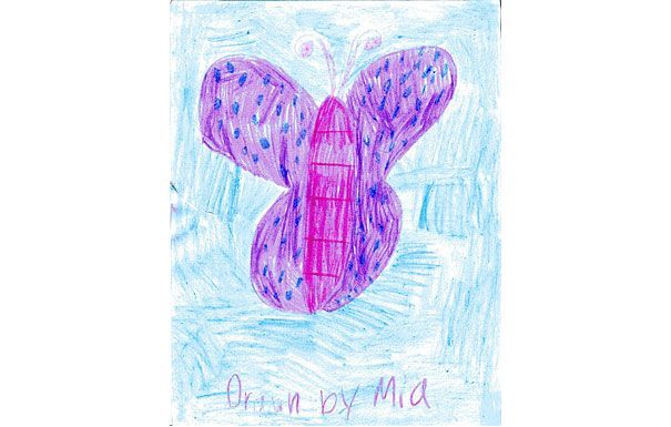 Purple butterfly drawing with blue dots, on blue background. 
