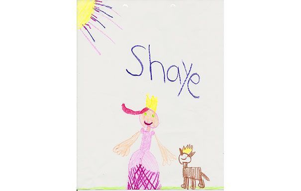 Child's drawing of a princess with a crown and a brown pony under the sun, named 