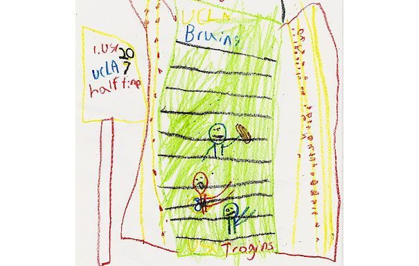 Child's drawing of a football game: UCLA Bruins on the field, Trojans in the end zone. Scoreboard reads UCLA 20, Trojans 7.