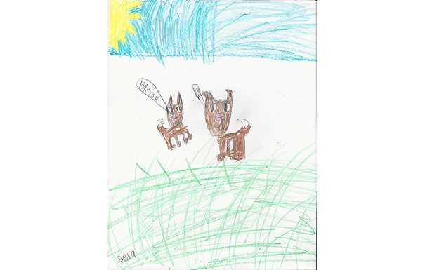 Two brown cartoon bunnies in a grassy field under a blue sky with a yellow sun. One bunny has a speech bubble.