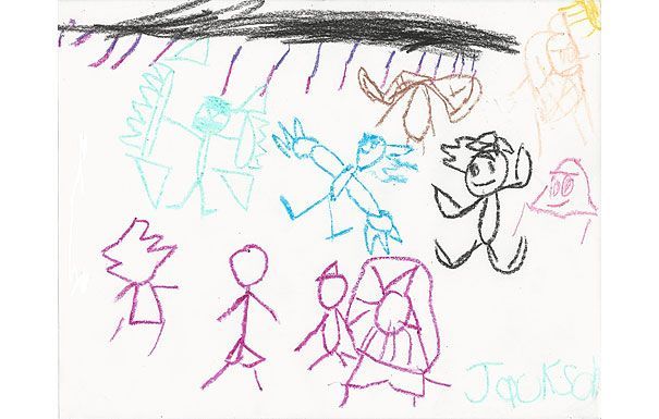Child's drawing of several cartoon figures in various colors under a dark rain cloud.