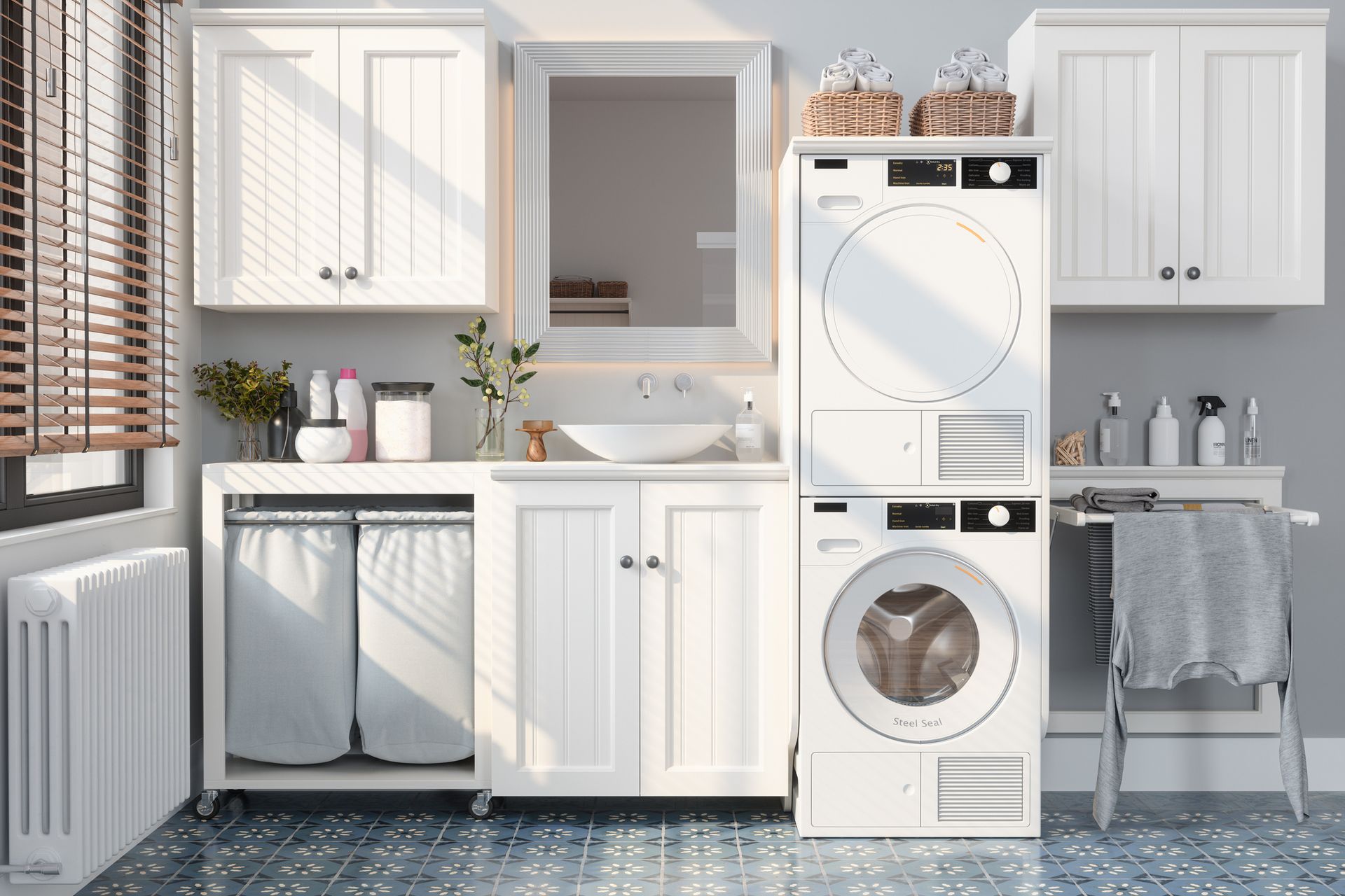 A laundry room with a washer and dryer stacked on top of each other.