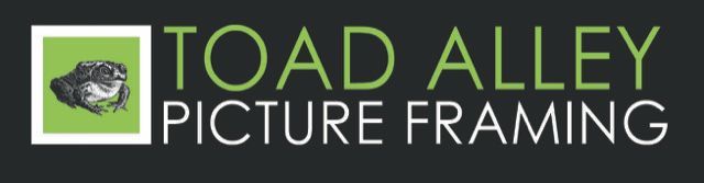 Logo for Toad Alley Picture Framing: green and white frog icon, green text, and dark background.