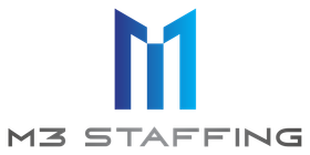 M3 Staffing logo with a blue stylized “M” above gray text.