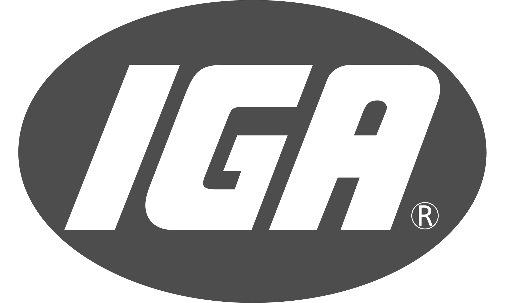 IGA logo in white letters inside a gray oval.