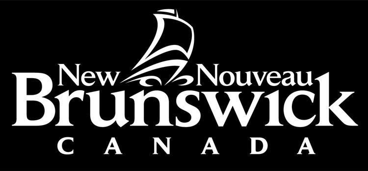 New Brunswick Canada logo with stylized sailboat. White text on black background.