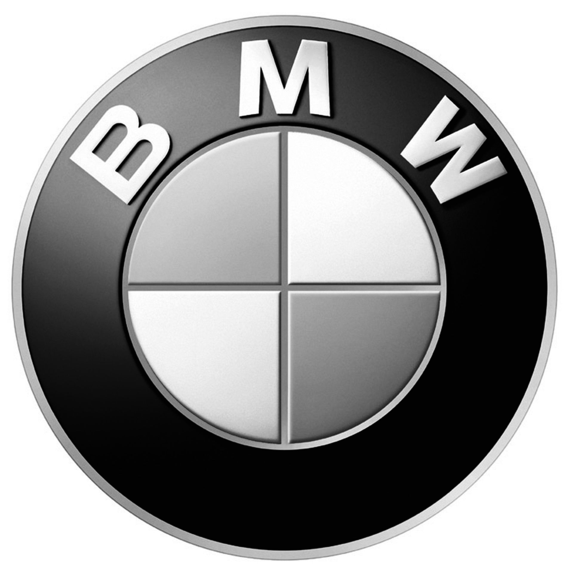 BMW logo: black outer ring, white BMW letters, four-section circle in grey and white.