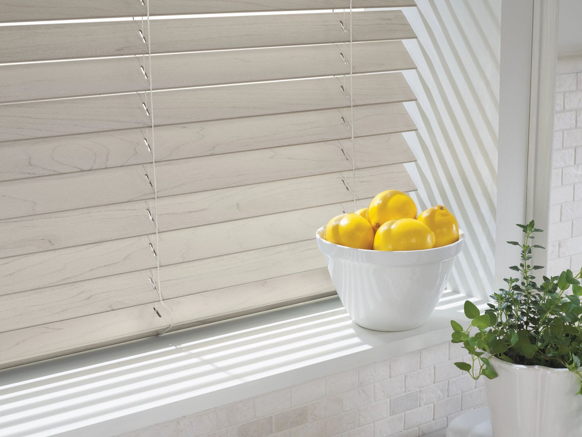 A white bowl of lemons sits on a white windowsill next to a small green plant in front of light wood blinds.