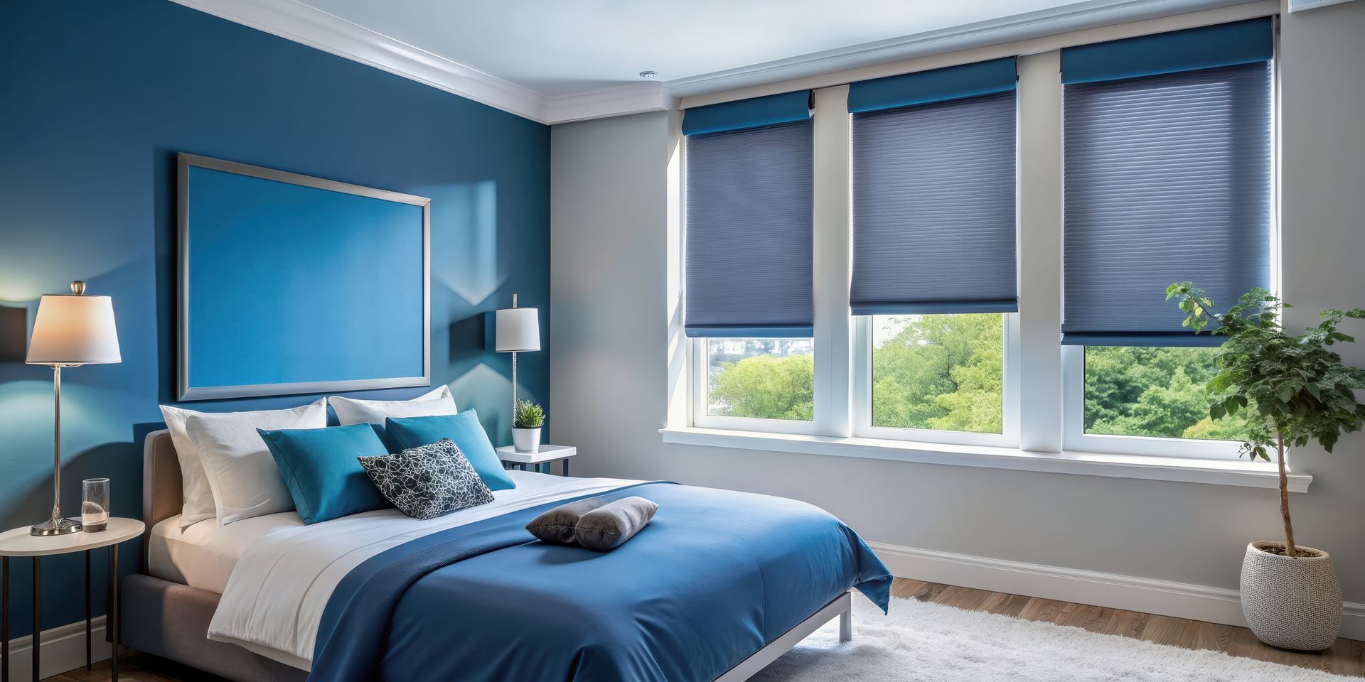 A modern bedroom with blue accent walls, a bed with blue bedding, and three windows with blue shades.
