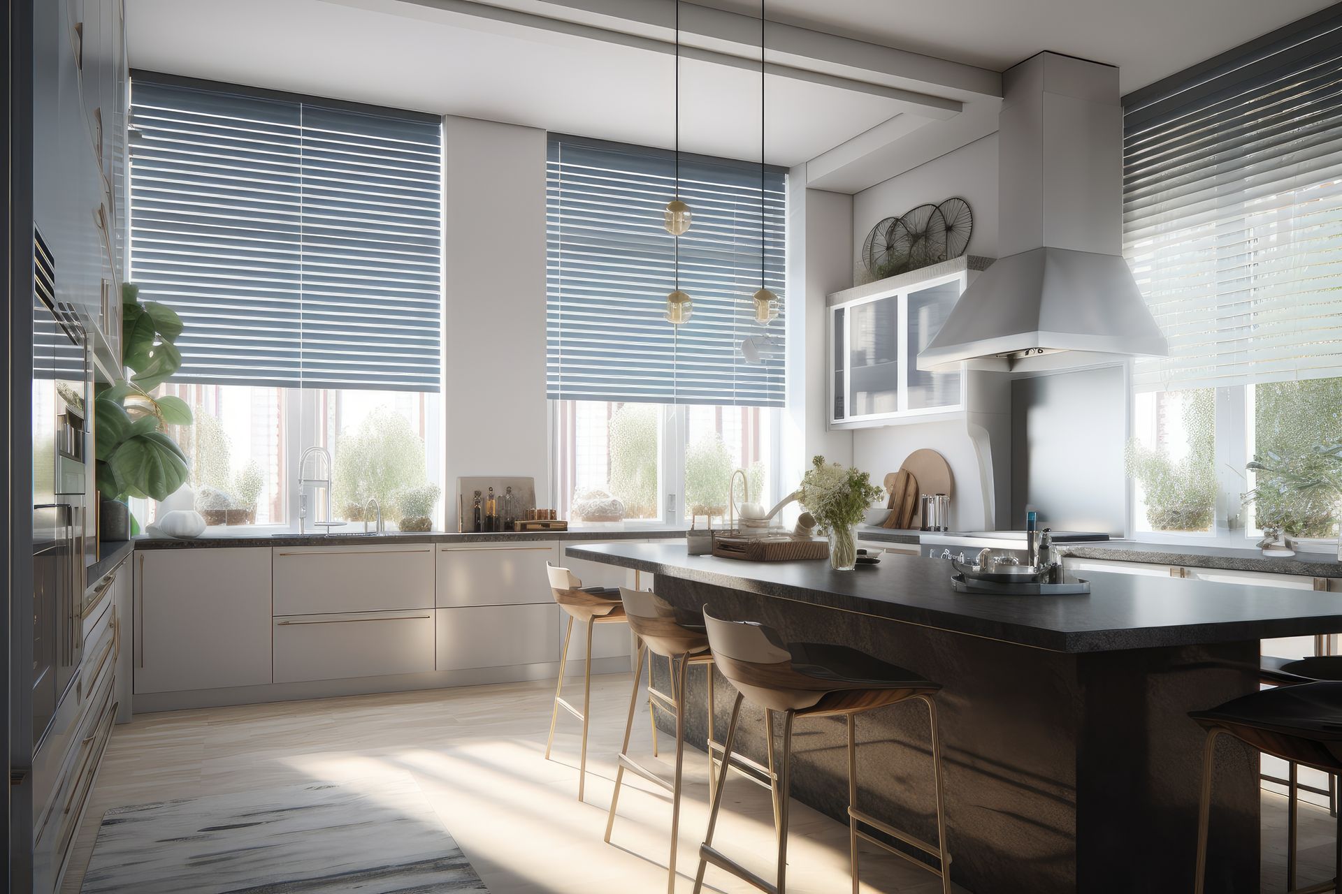 Modern kitchen with a long dark island, bar stools, large windows with horizontal blinds, and stainless steel appliances.