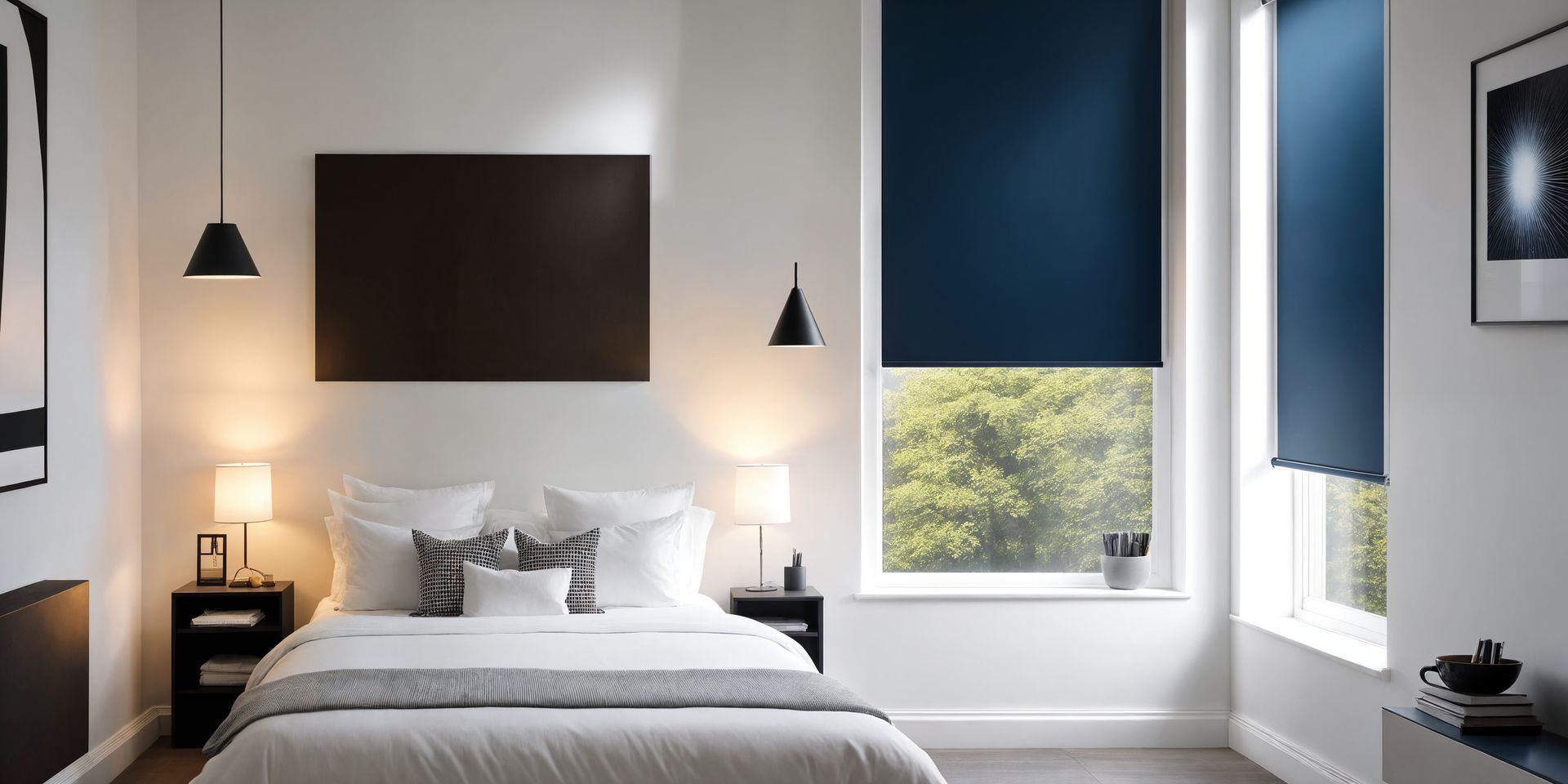 A modern bedroom with white walls, a bed with gray bedding, navy blue roller shades, and two black pendant lights.