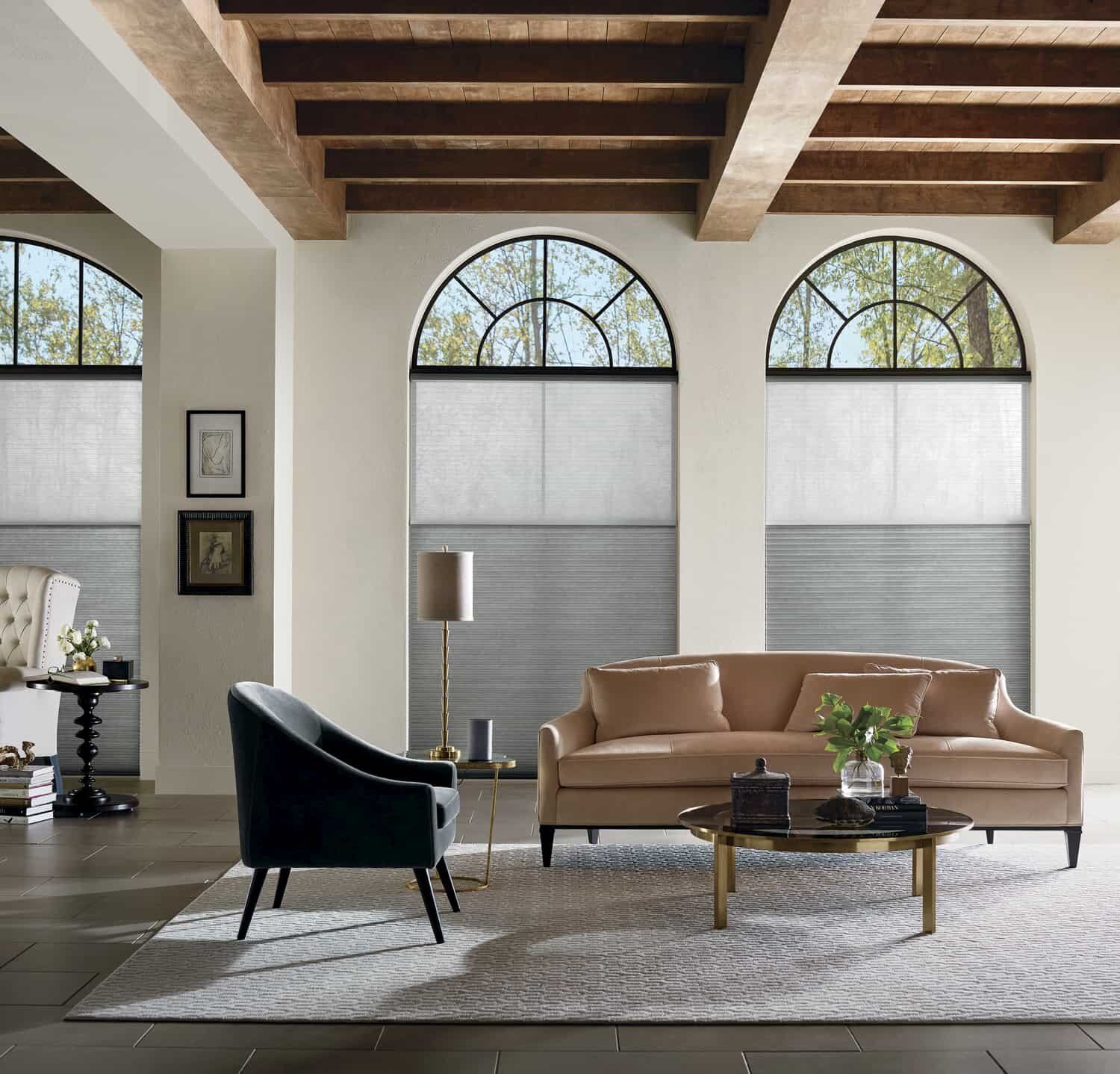 A sunlit living room featuring arched windows with grey shades, a tan sofa, a dark accent chair, and a patterned rug.