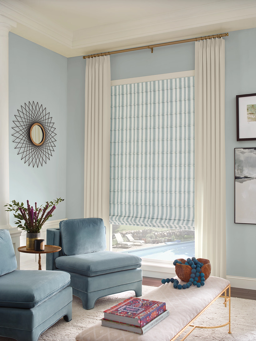 contemporary-blue-living-room-with-white-drapery-and-blue-fabric-shades