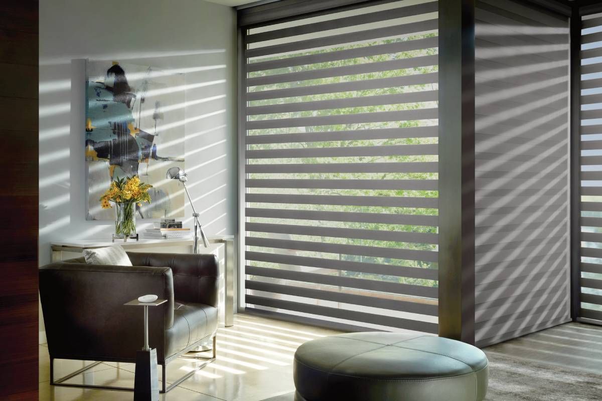 Hunter Douglas Banded Shades filtering light into a modern Minnesota home.