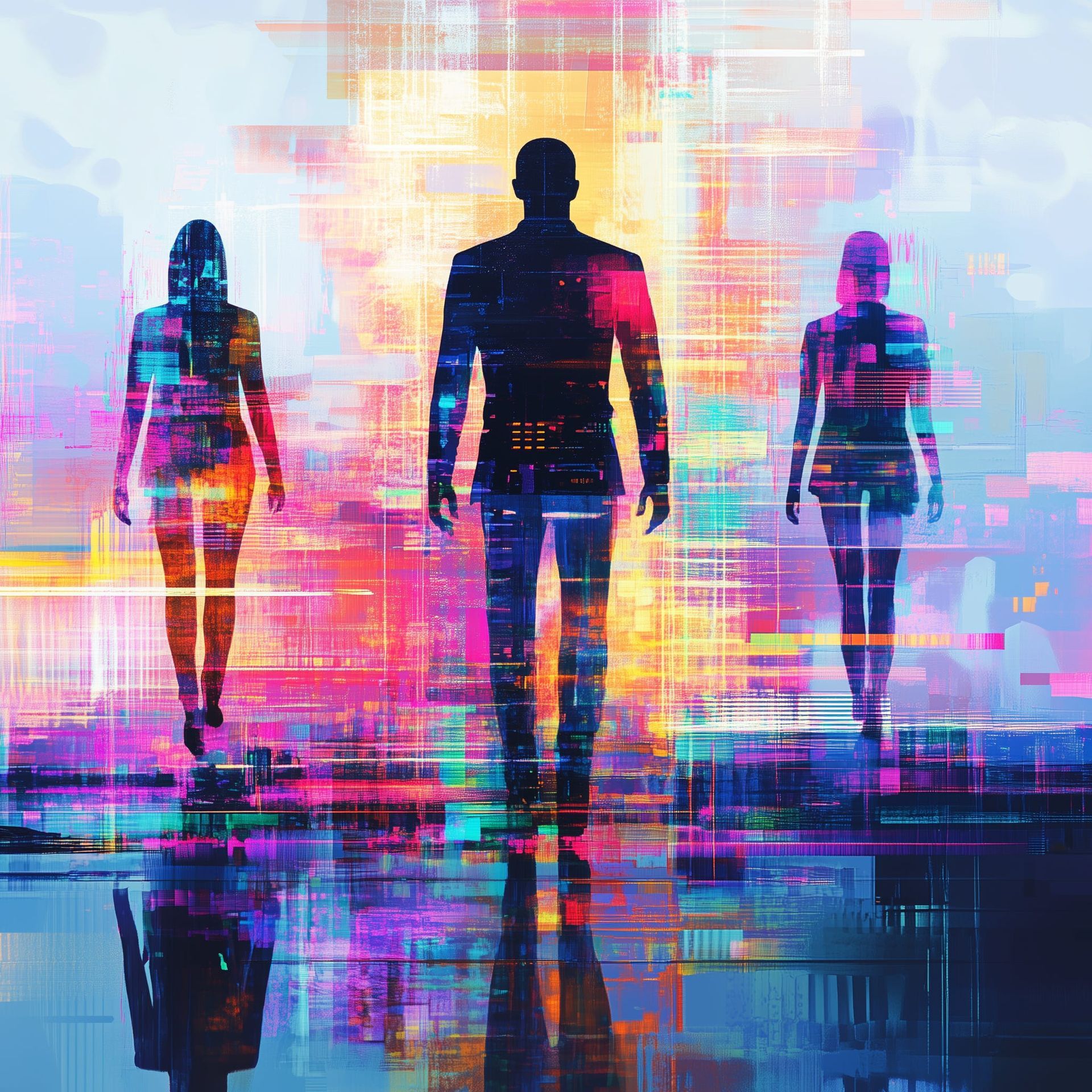 Three silhouettes walk forward against a vibrant, abstract digital background of glitching neon light and colorful pixels.