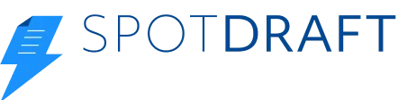 The SpotDraft logo, featuring a blue lightning-bolt-shaped document icon next to the company name in dark blue text.