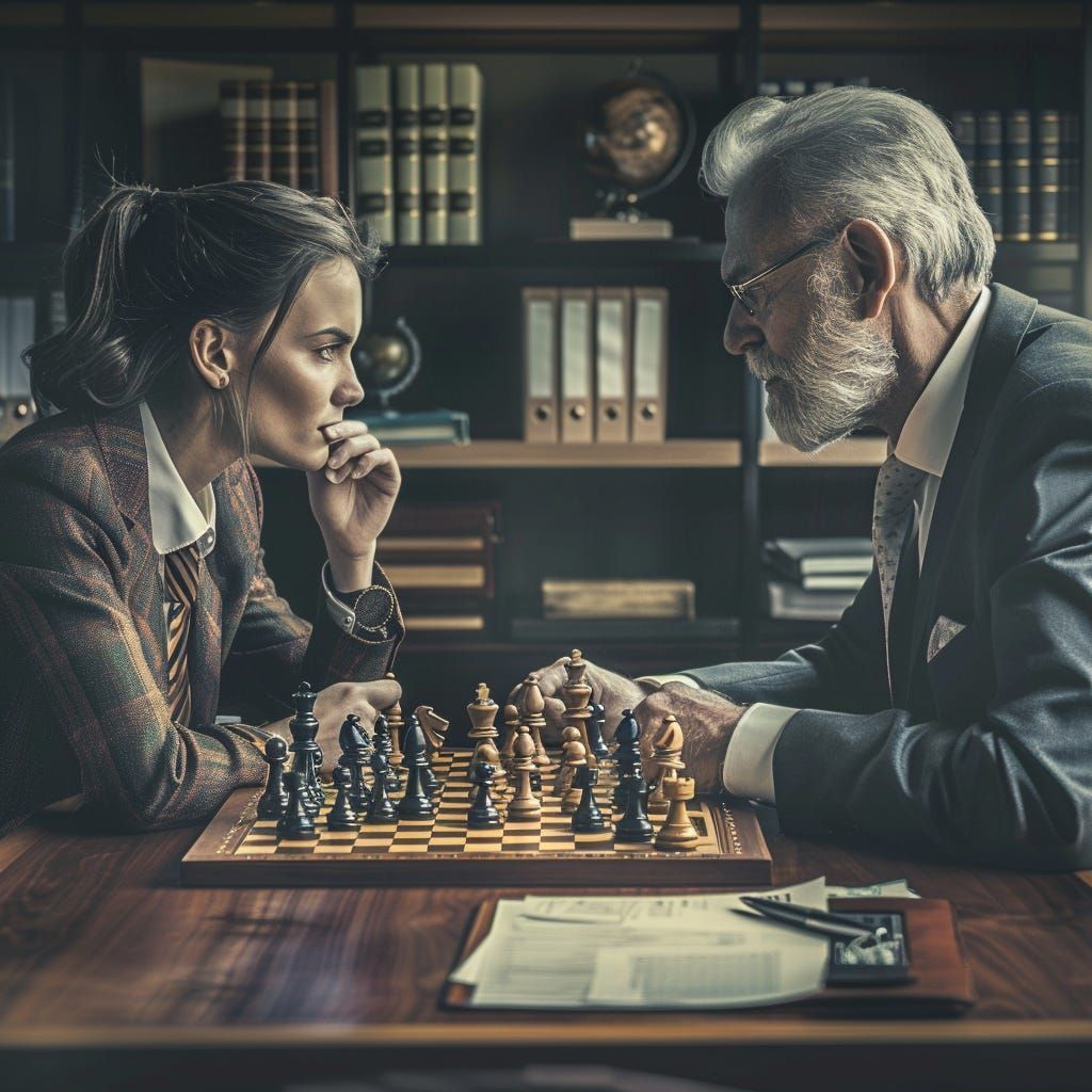 A person in a blazer plays chess against an older person in a suit inside a dimly lit library.