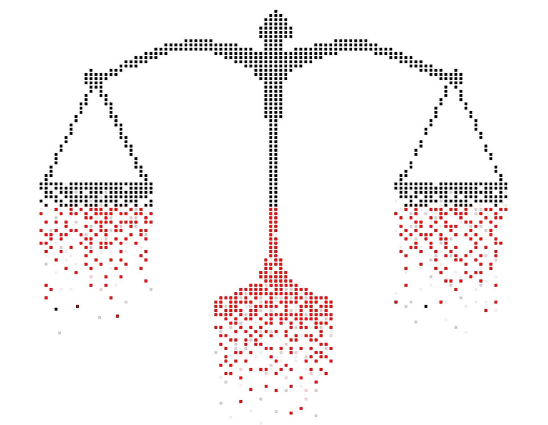 The scales of justice are made of red and black dots.