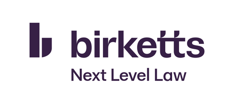 The birketts next level law logo is purple and white.