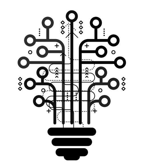 A black and white lightbulb icon where the filaments form a digital circuit board design with nodes and data paths.