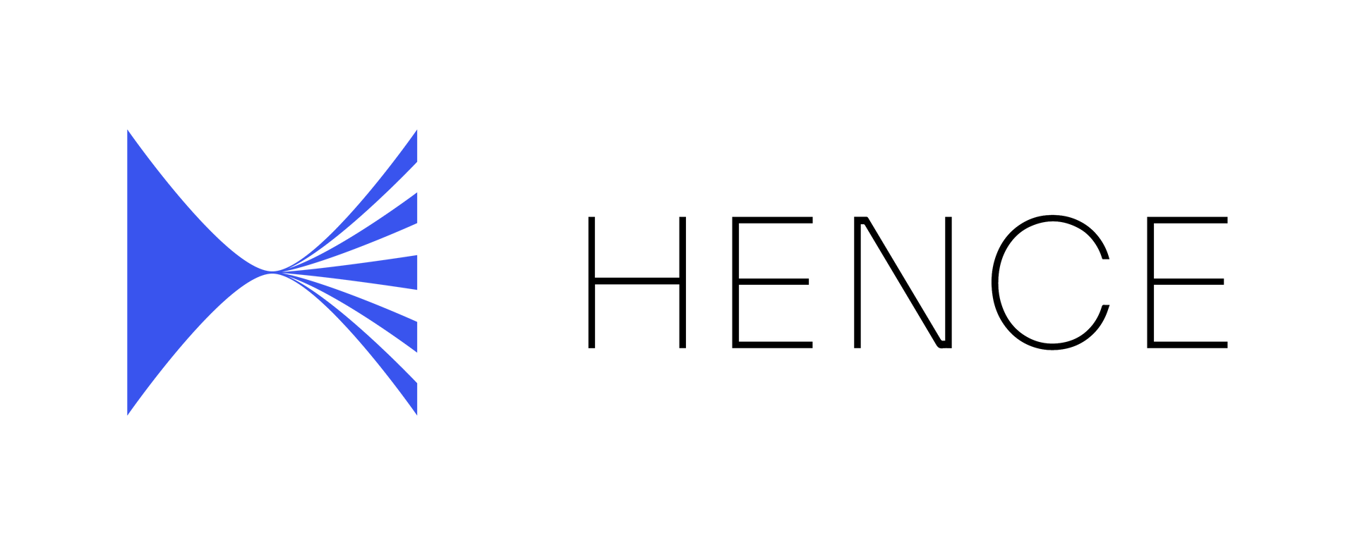 The HENCE logo featuring a blue geometric icon of outward-radiating lines next to the company name in black text.