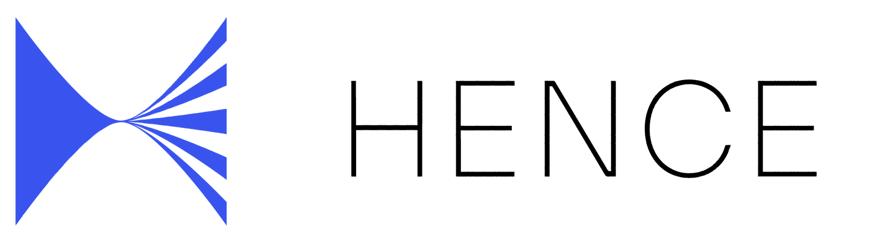 A blue abstract graphic of a bowtie or hourglass shape next to the word