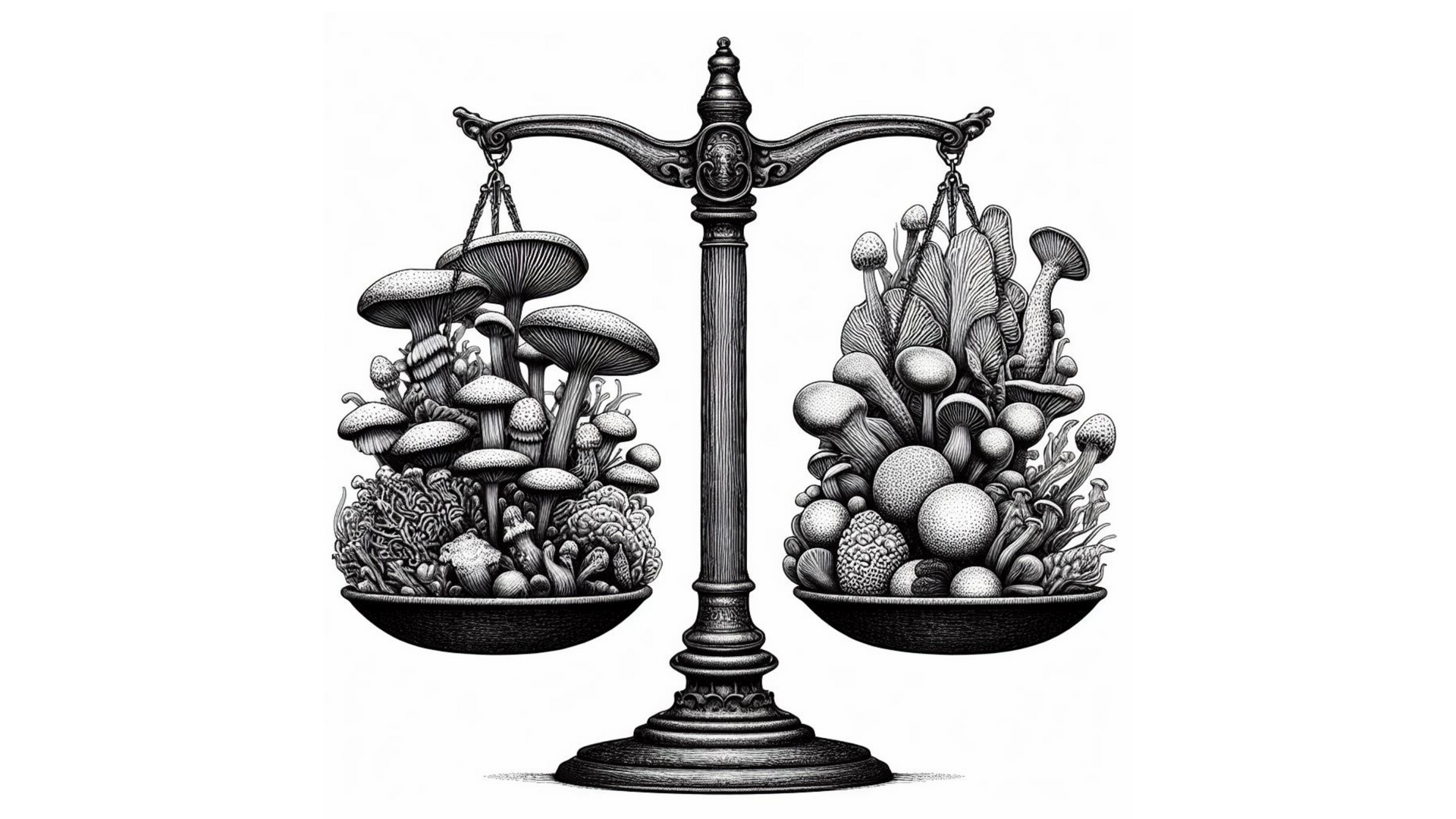 A black and white drawing of a scale with mushrooms on it.