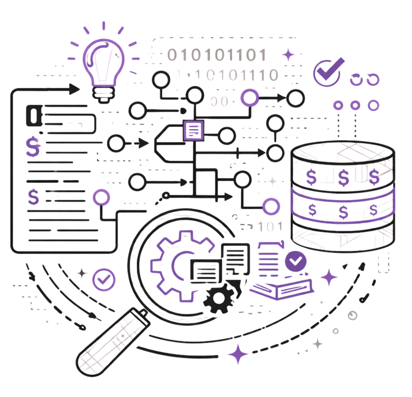 A purple and black line-art illustration depicting data analysis, featuring a lightbulb, document, database, and magnifier.