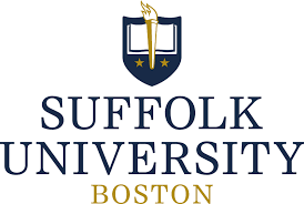 The logo for suffolk university boston has a shield and torch on it.
