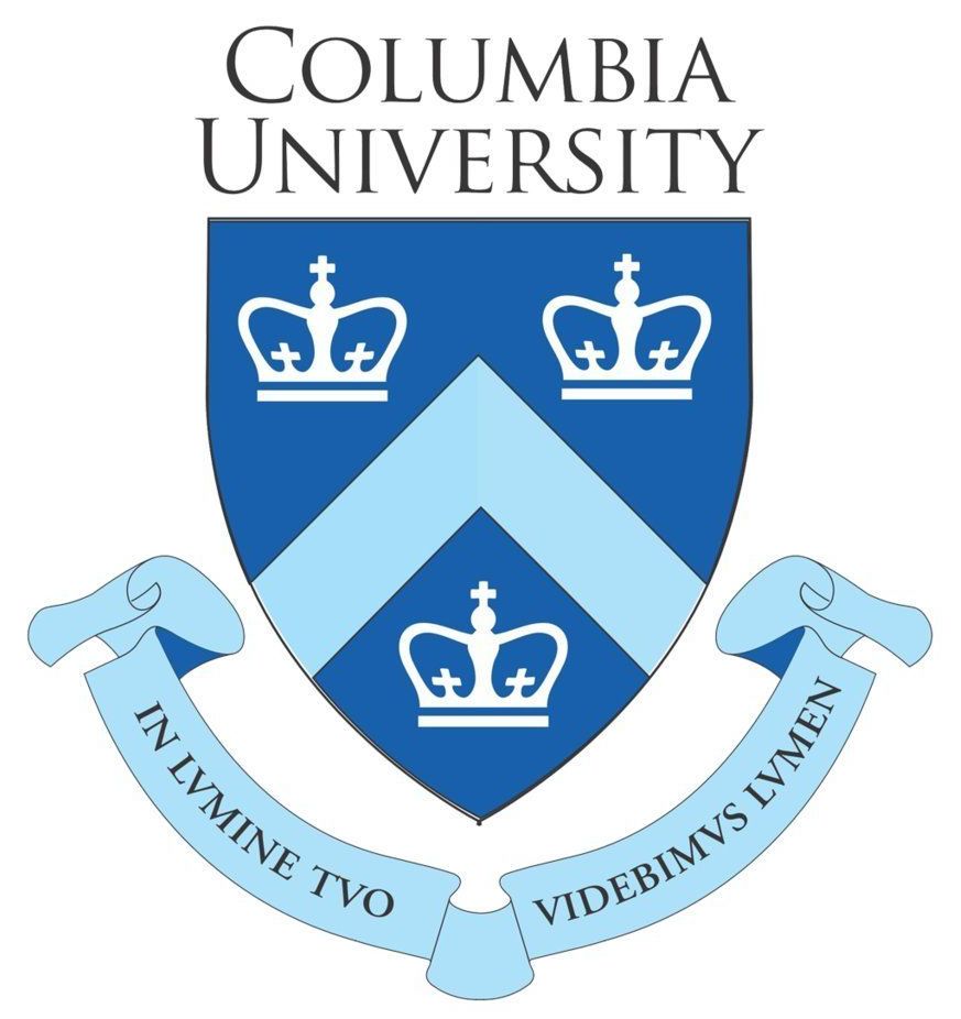 Columbia University official seal: a blue shield with three crowns and a light blue chevron, and a banner with Latin text.